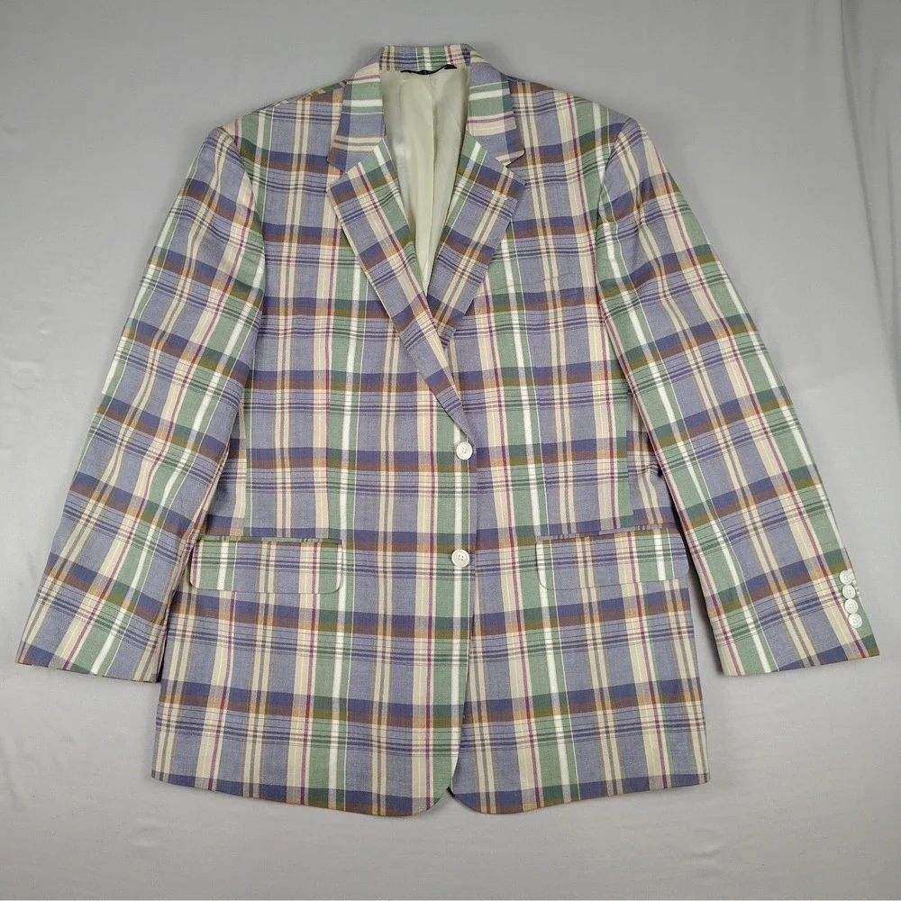 Jos A Bank Sport Coat Mens 46R 100% Cotton Madras Plaid Blazer Multicolor